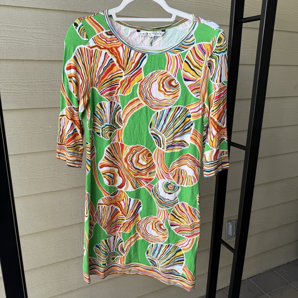 Trina Turk Green Long Sleeve‎ Abstract Design Boho Summer Mini Dress Size 4